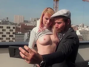 Facial and cum in mouth after amateur French blondie fucks on a rooftop