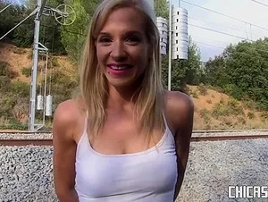 Slutty Spanish blondie Aina Smith gets fucked outside near train track